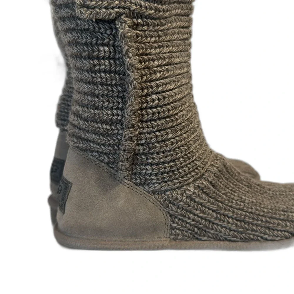 UGG Cardy 5649 Gray Sock Knit Tall Button Slipper Winter Boots Womens 6